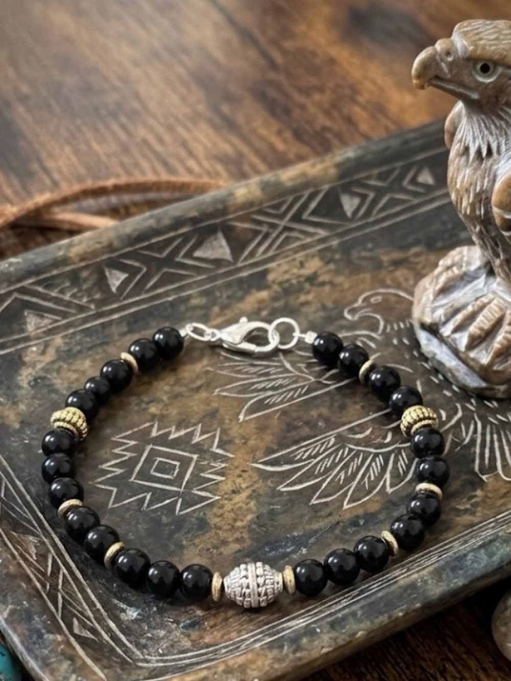 Black Onyx Beaded Bracelet with Gold Accents